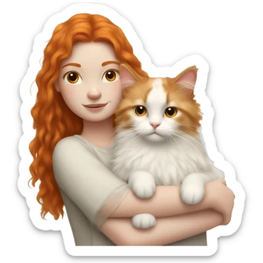 Ginger girl cuddling white ragdoll fluffy cat  sticker