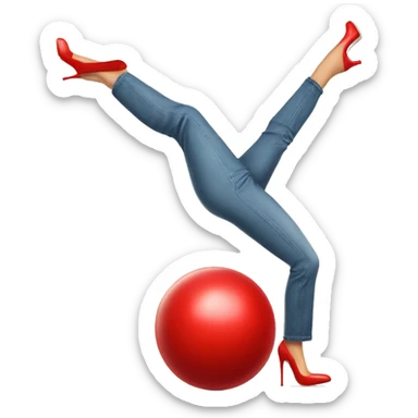 Female leg in pants and high heels stomping on a red ball cap sticker