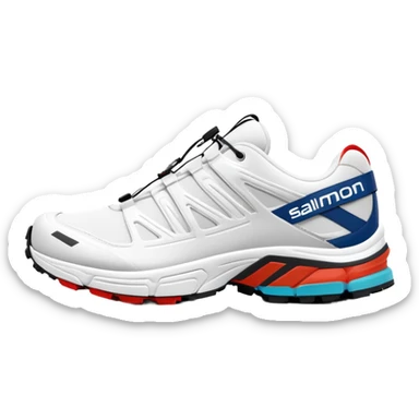 Clean white Salomon XT-6 sneakers with prominent colored Salomon logo stripe in the middle, one behind the other, iOS emoji style, white design with only the middle brand stripe in color sticker
