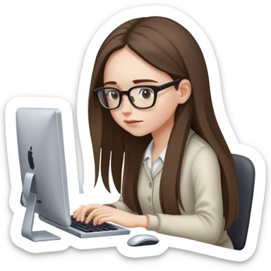 pale brunette girl with long hair wearing glasses working on computer looking down sticker