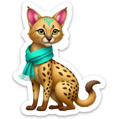 Colorful cute adorable tropical exotic fruity kiwi-green lemony rosy-pink blushing pastel neon-red Caracal-Cheetah-Civet-Trico-fusion-hybrid-animal-creature, full body, with tribal tattoos, wearing a yellow-and-cyan scarf sticker