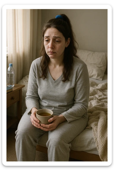 A realistic, cinematic illustration of a woman in her early 30s with a tired, pale appearance, sitting on the edge of her bed in a softly lit bedroom during the morning, looking exhausted and drained. Her posture is slightly slouched, and dark circles are visible under her eyes. She wears comfortable loungewear, holding a warm cup of herbal tea in her hands, seeking comfort. The scene includes a cozy yet slightly messy room with a blanket, a water bottle, and a book on the nightstand, emphasizing chronic fatigue. Soft natural light comes through the window, highlighting her expression of persistent tiredness despite rest, capturing the invisible struggle of chronic fatigue syndrome while maintaining dignity and a gentle aesthetic. sticker