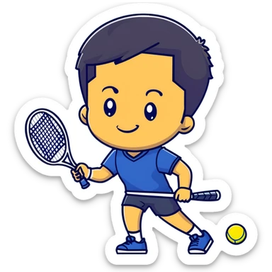 light brown skinned tennis coach, short straight black hair with widow's peak, oval face, small eyes, smiling, holding blue Yonex racket, wearing navy blue dry fit shirt sticker