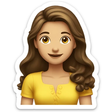 Brunette happy girl with long hair shake her hand for say hi! to someone. She is wearing a yellow dress sticker