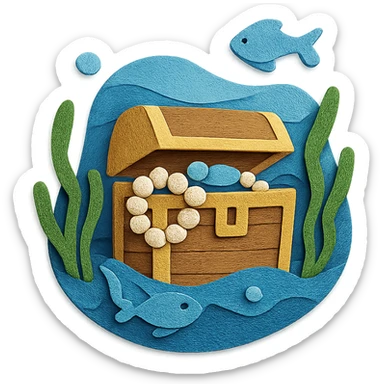 treasure chest underwater with pearls, seaweed, and fish, layered paper effect in paper-craft style sticker