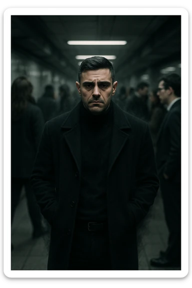 A cinematic shot of a man in his early 30s standing still in the middle of a crowded urban environment — perhaps a subway platform or office hallway — surrounded by blurred, cold-looking people facing away from him or speaking among themselves, ignoring him completely. The man has a heavy, emotionally drained expression, shoulders slightly slouched, hands in his coat pockets. He stands out in sharp focus while the others are dimly lit, grey-toned, and in motion blur. The lighting is harsh and cool, with strong shadows and low saturation to emphasize emotional isolation. A subtle dark aura or mist lingers around the man’s body, visually conveying the weight of negativity and emotional pressure. Shot in 35mm cinematic style, high realism, with a desaturated color palette and shallow depth of field sticker