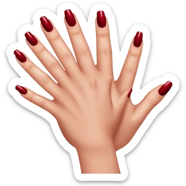 close-up of a left hand of a woman showing 3-4 fingernails out of five, painted in dark red nail polish, glossy finish, deep saturated red, smooth gradient, minimal details, clean and shiny
 sticker