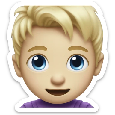 Little blonde hair blue eyed baby boy playing with a purple giant monster sticker