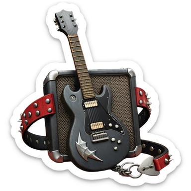 Create a powerful and dynamic humanless emoji representing rock vocals. The design should feature a classic vintage microphone with a rugged, distressed look, surrounded by elements like a guitar pick, electric guitar neck, and sound waves to reflect the raw energy of rock music. Add subtle details such as a spiked bracelet, leather textures, or bold lightning bolts to evoke the rebellious and intense spirit of rock. Use dark, edgy colors like black, red, silver, and metallic accents to emphasize the fierce, loud, and passionate nature of rock vocals. The background should be transparent. sticker