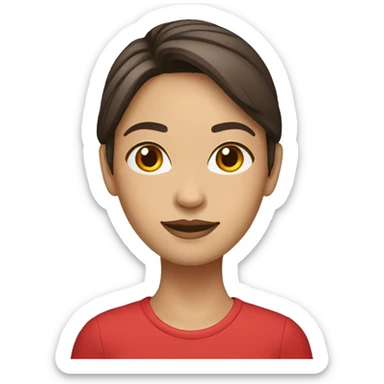 woman with light to medium skin, straight dark brown hair with middle part red shirt  sticker