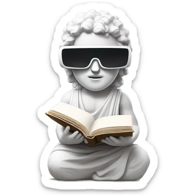an EMOJI OF A ancient young greek statue reading a book, wearing VR glasses, white colors, DIGITAL UNIVERSE sticker