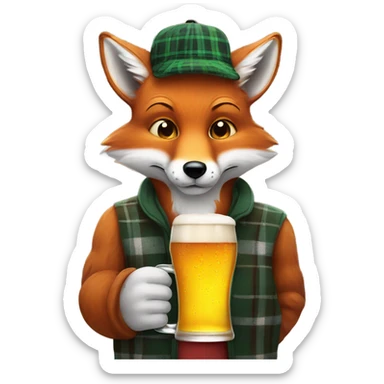 A fox in a plaid hat holding a pint of beer sticker