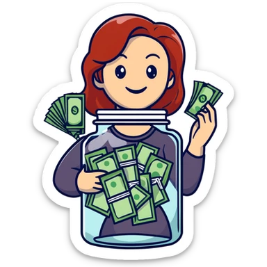 redhead woman with big smile holding glass jar with money bills inside sticker