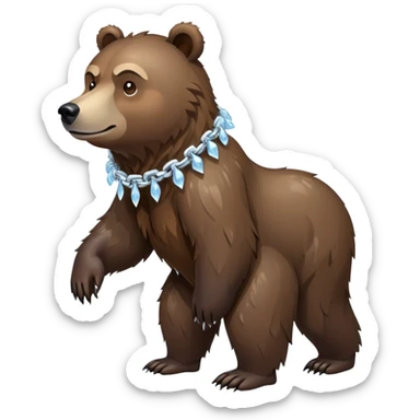 Complete view of serious grizzly bear on four paws, dark brown fur, whole body shown from head to tail, thick ice chain collar sticker