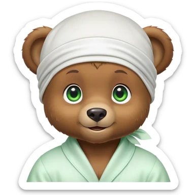 Playful brown bear cub in a white silk durag with a slight smile and bright green eyes, iOS emoji style sticker