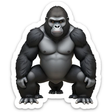 cinematic-friendly gorilla-realistic-full-body-crouched on all fours-emoji,-broad-and-powerful-frame-poised-with-confidence,-massive-arms-hanging-slightly-forward,-head-tilted-thoughtfully,-thick-black-fur,-deep-dark-eyes-full-of-intelligence,-simplified-yet-realistic sticker