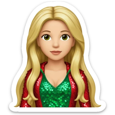 Shakira with long dark blonde hair, red green sequin outfit sticker