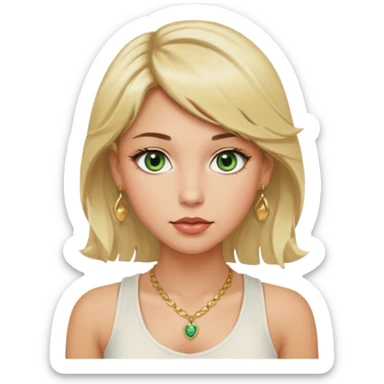 Girl with green eyes, blonde slightly wavy hair, sideswept bangs, darker roots, white but a bit tan, wearing white tank top, golden necklace and gold earrings, rosy cheeks and blushed lips sticker