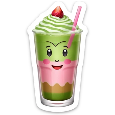 iced matcha latte with strawberry syrup at the base in a clear glass, apple emoji style sticker