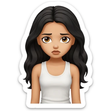 a pretty tan bratz girl with long wavy black hair, wearing a white tank topi. looking sad sticker