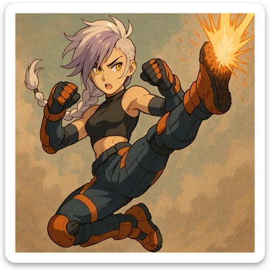 maiden, mohawk, long braid white hair with lavender and tips long messy bangs one side, gold yellow eyes, black crop top, with both fighting gloves up in defensive ready pose, delivering a lightning quick vertical upwards front kick with volcanic force, full defensive padding, TCTF operative, orange and dark dark blue + gray attire. jumping swing falcon kick, perfect posture sticker