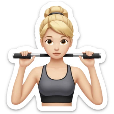 Cinematic Realistic pilates Girl Portrait, depicted with lifelike skin texture, subtle rosy undertones, and soft natural lighting that enhances the gentle contours of her face. Her intricately detailed golden blonde hair is elegantly styled in an updo, sticker