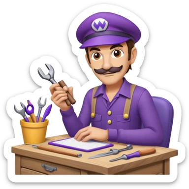 Waluigi building a desk with tools sticker