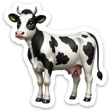 cinematic-[cow]-realistic-full-body-standing-emoji,-tail-flicking-lazily,-head-tilted-dramatically,-sleek-[black and white]-fur,-simplified-yet-realistic-focused-features,-highly-detailed,-glowing-with-an-almost-sarcastic-glow sticker