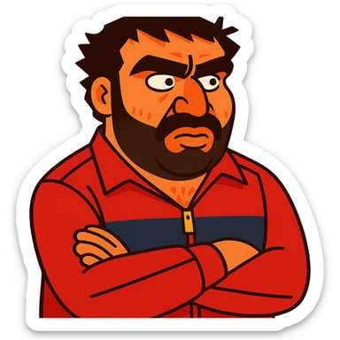 Recep İvedik, comedic Turkish character with bushy mustache, thick eyebrows, red tracksuit, expressive face, vibrant toon style sticker