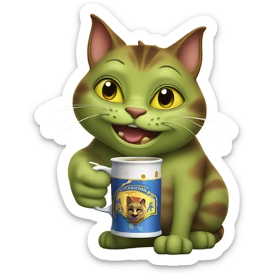 shrek-style cat drinking beer in a emoji-poop-like cup sticker