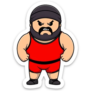 White skin fat guy with black durag, black beard, black eyes in a red and black wrestling singlet with angry face sticker