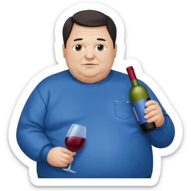 Morbidly obese older man dark hair with blue sweatshirt holding bottle of wine sticker