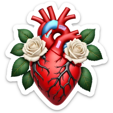 Anatomical heart  black and crimson veins and white roses sticker