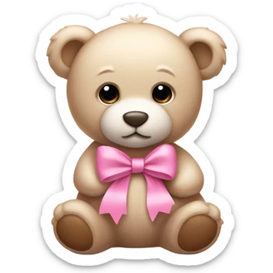 Light beige teddy bear wearing pink bow on right ear sticker
