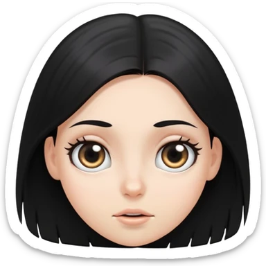 White girl face closeup with huge round eyes, long straight black hair falling in front of her bare shoulders, face closeup sticker