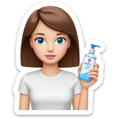 Barbie girl with makeup, blue eyes , and bob long haircut, short brown hair in white T-shirt, face gel in hand sticker