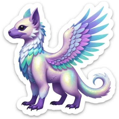 Colorful iridescent whitish pastelish luminescent angelic divine shiny sparkly glittery Gryphon-Trico-Sergal-Furret-Ferret-Wolverine-Vernid-fusion-Fakemon-animal-hybrid-creature, full body sticker