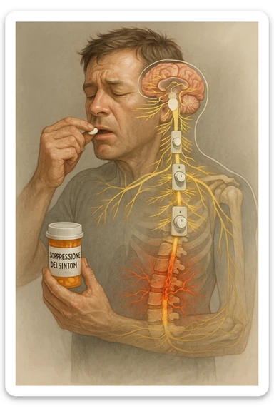 Realistica Man taking pain medication for chronic back pain, pills shown as dimmer switches turning down pain signals in transparent nervous system overlay, underlying spinal damage remaining completely untreated and worsening, expression of temporary relief masking progressive deterioration, medication bottle labeled 'symptom suppression' not 'cure', root cause inflammation continuing to spread in italiano sticker