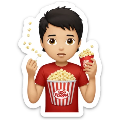 generate a pretty tan bratz boy with a brown tshirt on. eating popcorn. messy black hair sticker