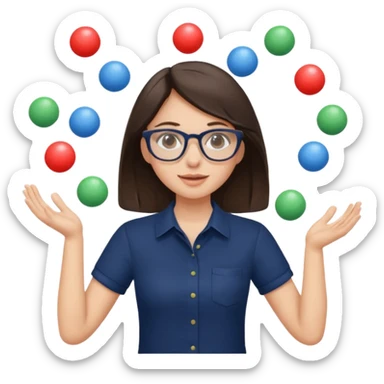 a brunette girl in a navy shirt wearing glasses is  juggling  with two hands  sticker