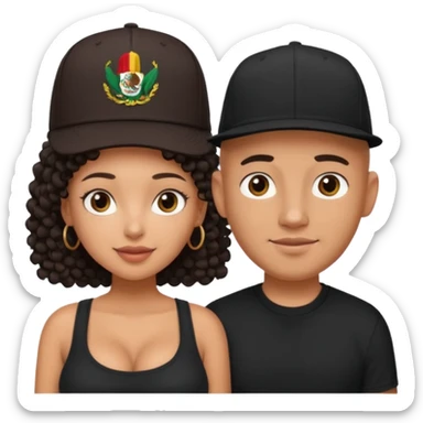 A picture of a cute tanned couple. the man is Mexican, with a bald hair cut wearing a SnapBack hat and a black shirt. the woman is mixed, she has curly longer dark brown hair,  no hat, and with big boobs  sticker