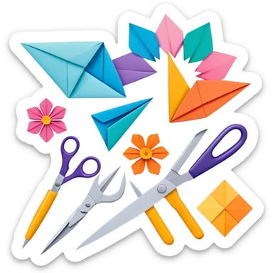 "Paper crafting icon, various paper crafts like origami, paper flowers, and scrapbooking materials, visible tools such as scissors, glue stick, and paper sheets, colorful paper patterns, minimalistic style, clean lines, transparent background." sticker
