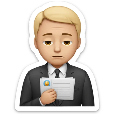 emoji character wearing a suit. face has a very sad, disappointed expression with drooping eyebrows and half-closed eyes. posture is dejected, with slumped shoulders just rejected from his interview to get a job, holding cv sticker