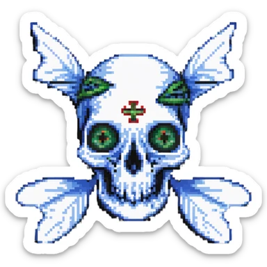 pixel art fish skull logo with X eyes and bone elements sticker