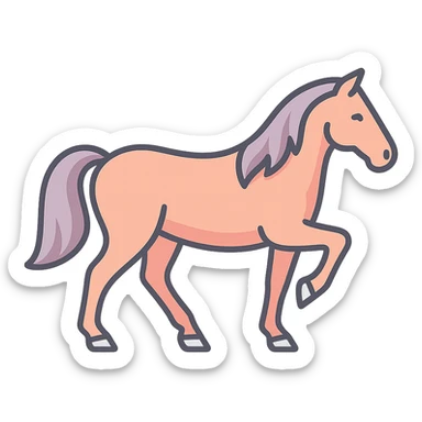 Create an icon-color-outlined style image of a horse as the symbol of the year in Feng Shui, Chinese Eastern style. Use thin clean contours, soft rounded shapes, and a pastel palette including #98B5BC, #B5B3C1, #C9A3C9, #E4C0CA, #F7DCD1, #F7C0AA. Include detailed shadows and highlights with soft lighting. The silhouette and appearance should match the previous reference, but the pose should match the new reference. The image should have a transparent background, be less cute, and contain no decorative elements. sticker