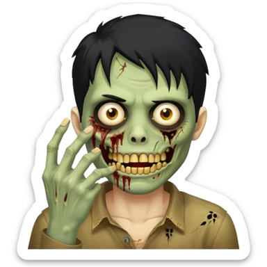 cabelo liso desordenado negro homen con aparencia de zombi y que haga un gesto mostrando los dientes de oro que se agarre la boca con la mano sticker