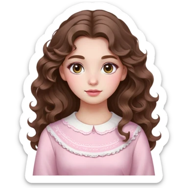 girl long brown hair
wavy curls wavy

looks 18 years old
oval face egg-shaped cheeks fair skin white makeup pink blush with eyeshadow pink makeup my eyes brown round oval

wearing long sleeve tradicional white dress 
cute sticker