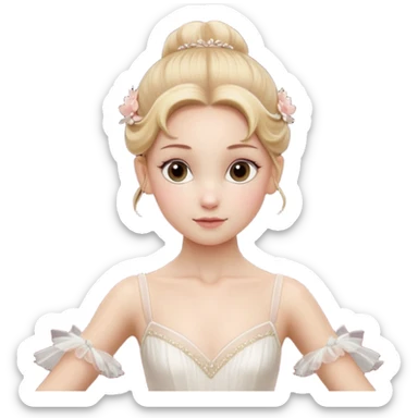 Cinematic Realistic Ballerina Portrait, depicted with lifelike skin texture, subtle rosy undertones, and soft natural lighting that enhances the gentle contours of her face. Her intricately detailed golden blonde hair is elegantly styled in an updo, sticker