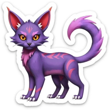 Black edgy Noivern-Noibat-Purloin-Torracat-Lykoi-Caracal-cat-Fakemon-fusion-hybrid-creature with violet and red scale markings sticker