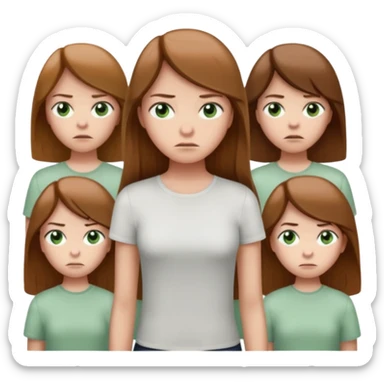 Cartoon emoji of a girl with long, straight light brown hair, fair skin, soft green eyes. Wearing a white top, standing slightly apart from a group, looking unsure and miserable. Nervous, fearful, lacking confidence. Smooth, simple, stylized." sticker